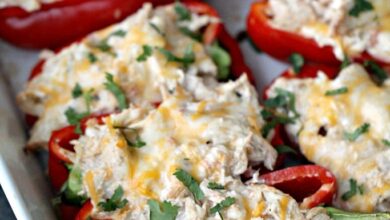 Low Carb Creamy Chicken Stuffed Peppers on Tone and Tighten 683x1024 1
